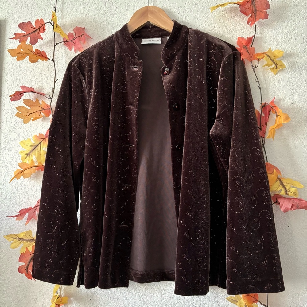 Draper’s & Damon's Vintage Brown Velvet Floral Glitter Button Down Shirt Size S - Picture 8 of 11